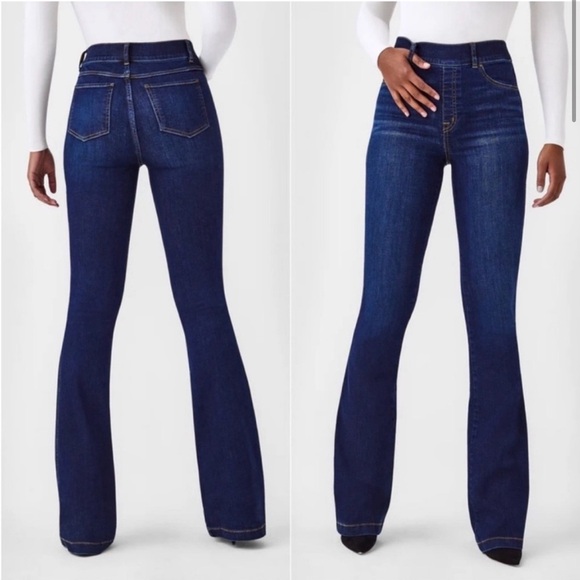 Spanx High Rise Pull On Jeans Women’s SUS 2/4  70s Pull On Dark Blue Flared Jean - Picture 1 of 12